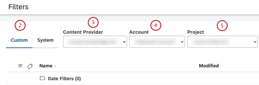 Selezionare la scheda Personalizzato. Selezionare il fornitore di contenuti, laccount e il progetto.